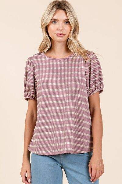 Mittoshop Contrast Striped Short Puff Sleeve Knit Top - Trendsi - Flyclothing LLC