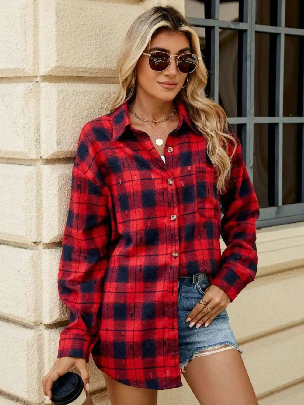 Plaid Button Up Long Sleeve Shirt - Trendsi - Flyclothing LLC