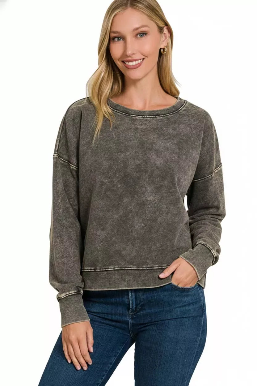 Zenana French Terry Acid Wash Boat Neck Sweatshirt - Trendsi - Flyclothing LLC