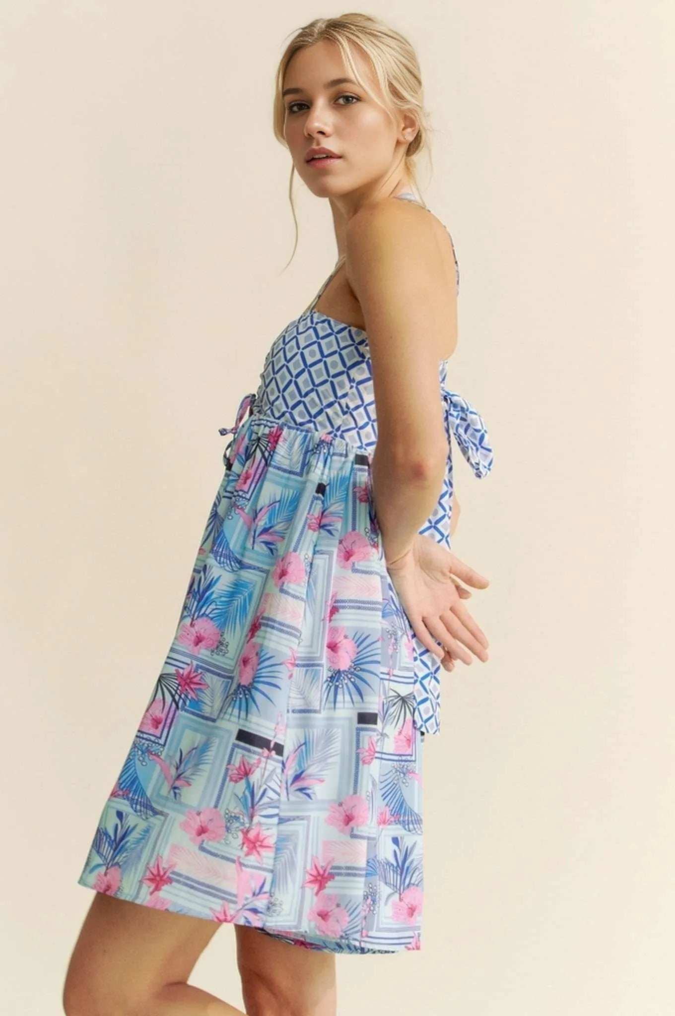 Davi & Dani Tropical Floral Geo Print Tie Back Tube Top Romper - Trendsi - Flyclothing LLC