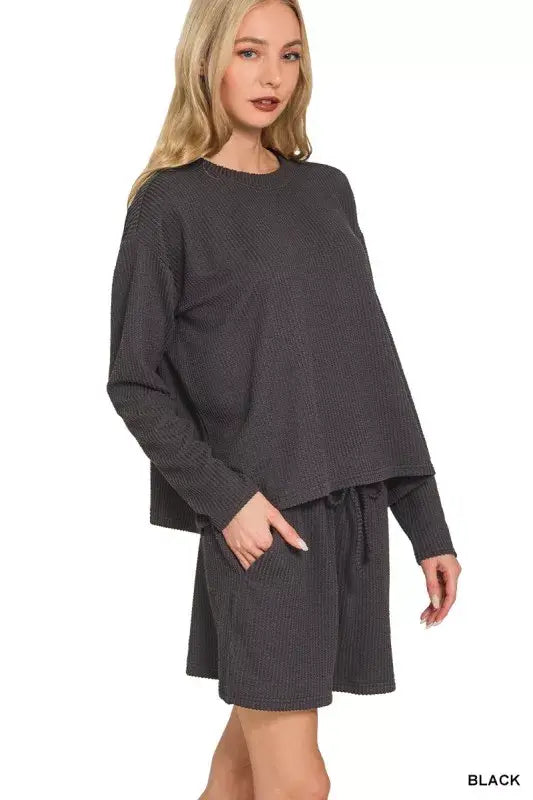 Zenana Corded Rib Long Sleeve Tee and Shorts Set - Trendsi - Flyclothing LLC
