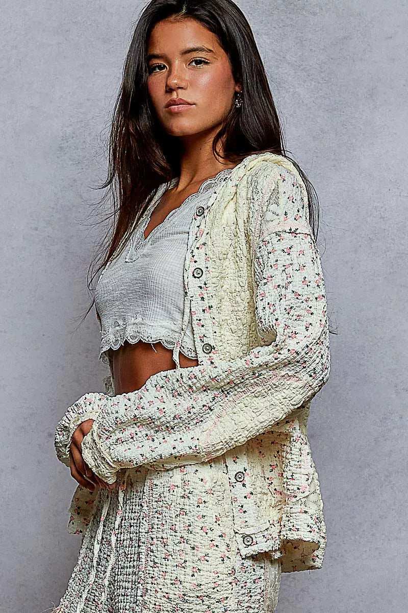 POL Floral Balloon Sleeve Hooded Lace Jacket with Stitch Detail - Trendsi - Flyclothing LLC