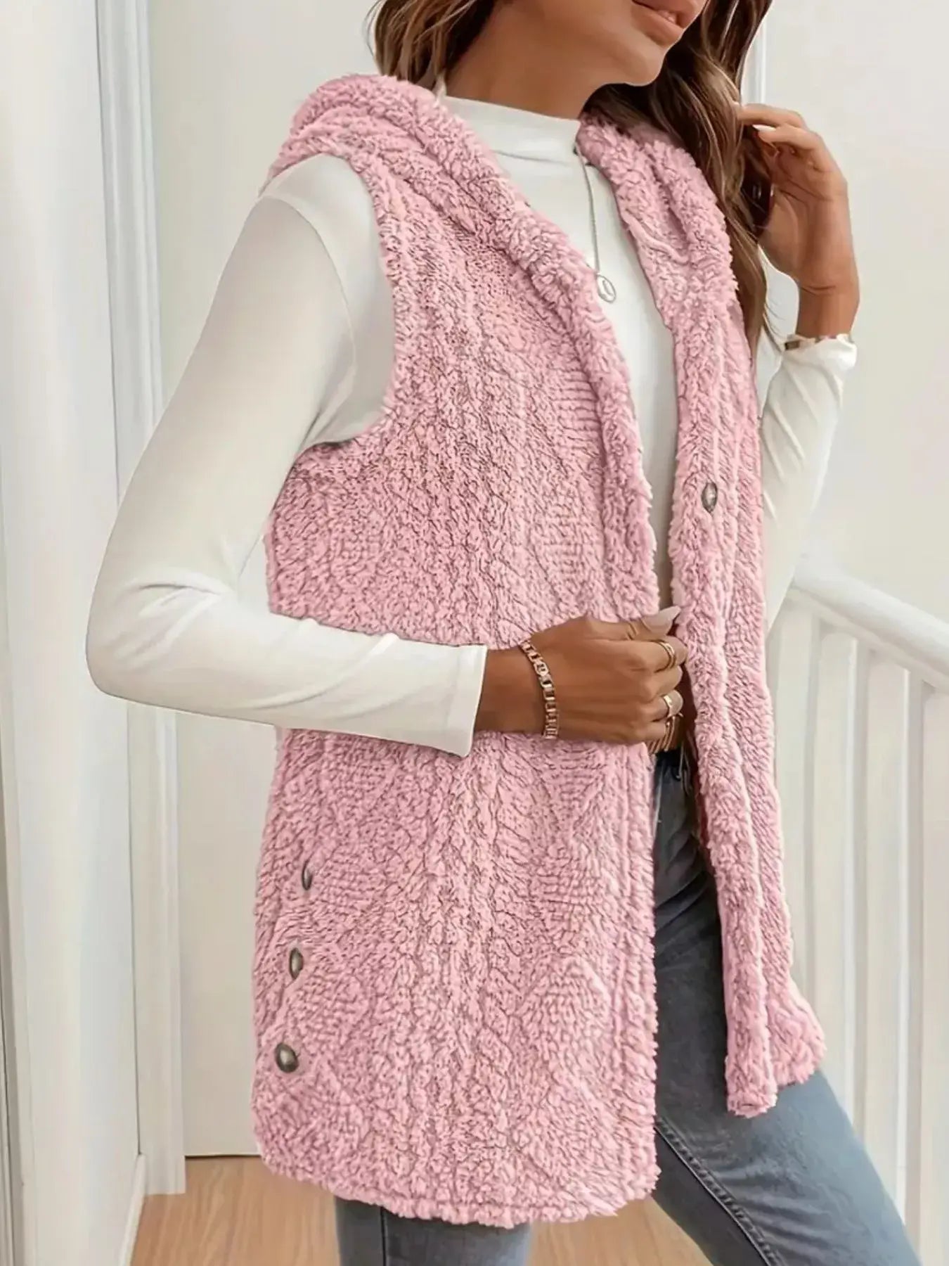 Button Up Plush Hooded Vest Coat - Trendsi - Flyclothing LLC