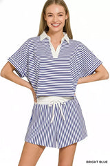 Zenana Striped Collared Top & Shorts Set - Trendsi - Flyclothing LLC