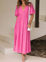 V-Neck Puff Sleeve Midi Dress - Trendsi - Flyclothing LLC