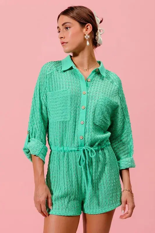 SO ME Textured Knit Button Front Romper - Trendsi - Flyclothing LLC