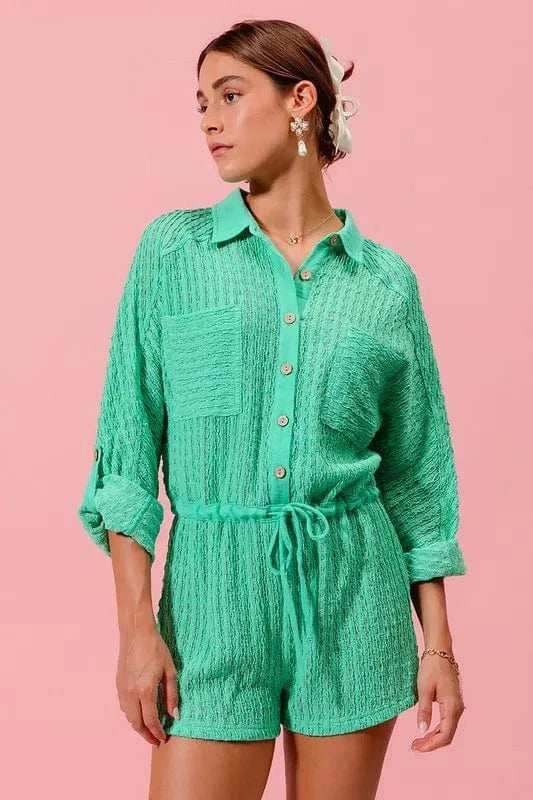 SO ME Textured Knit Button Front Romper - Trendsi - Flyclothing LLC