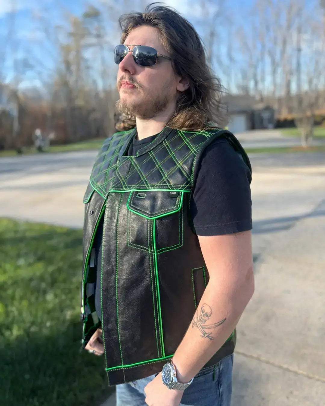 Finish Line - Green Checker - Men's Motorcycle Leather Vest - First Manufacturing Company - Flyclothing LLC