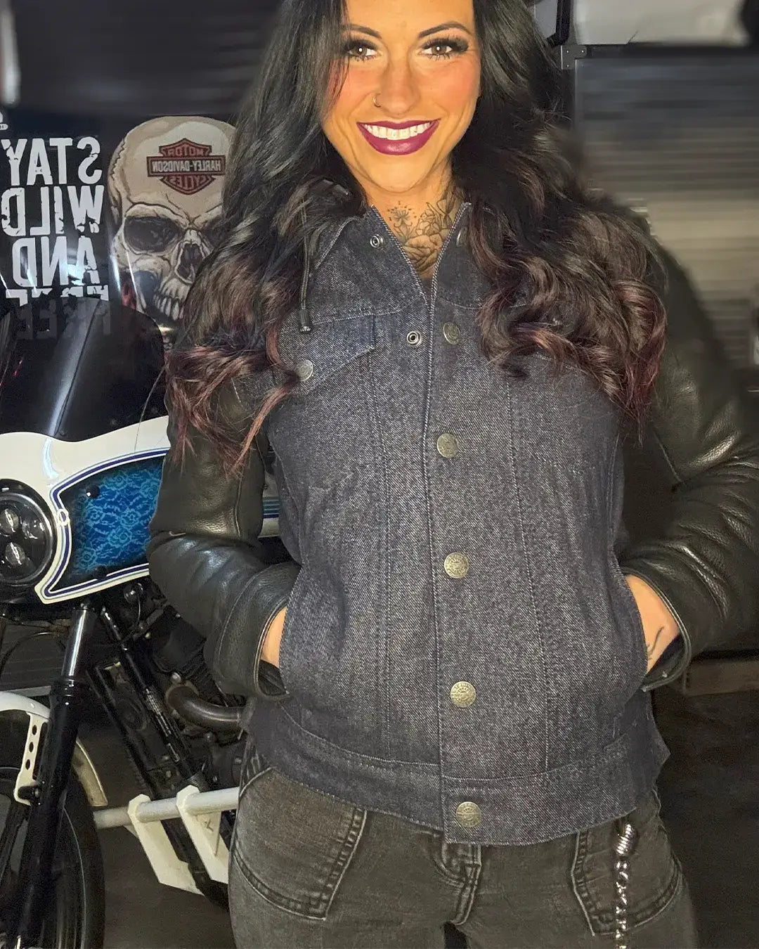 Holli - Motorcycle Denim/Leather Jacket - First Manufacturing Company - Flyclothing LLC