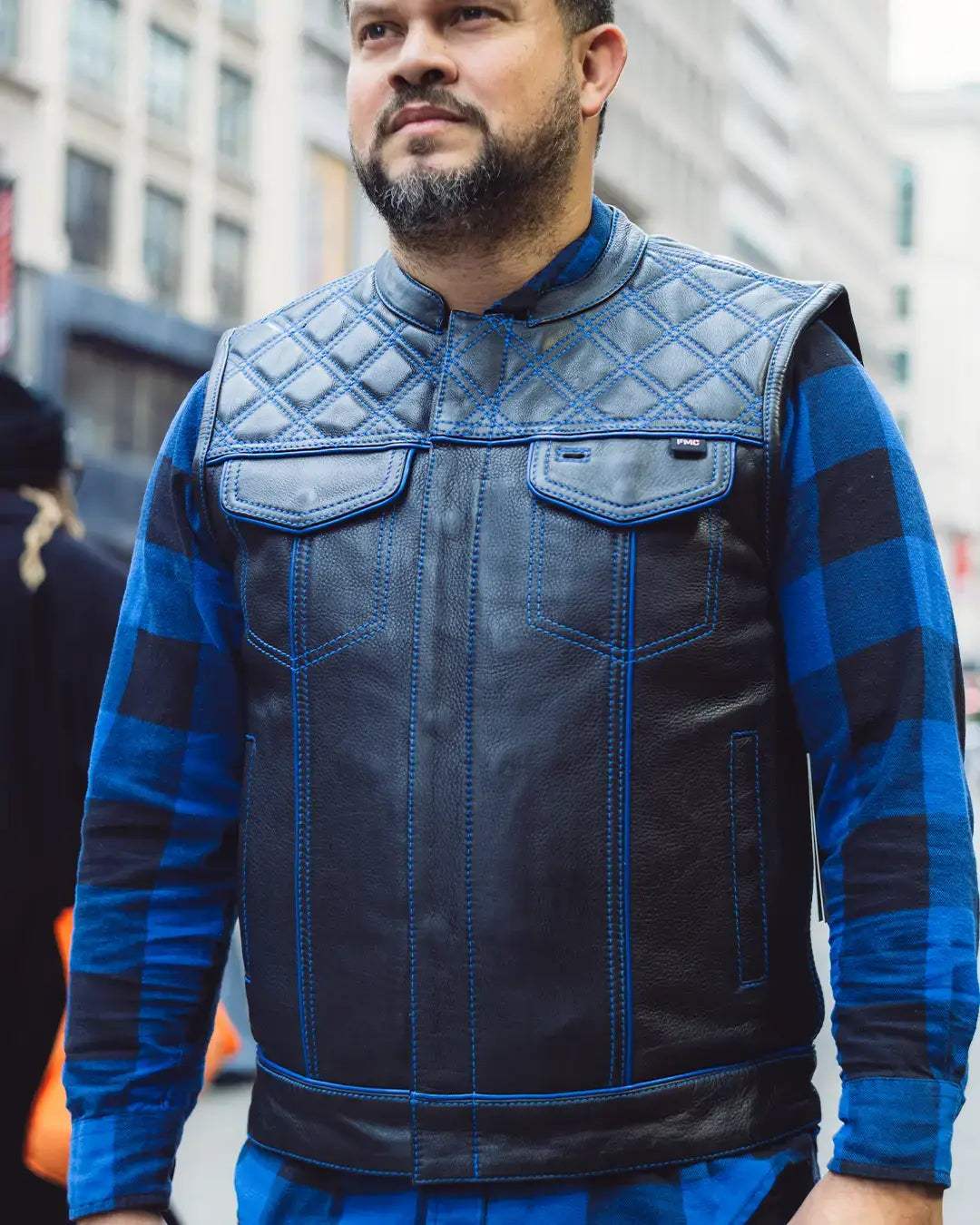 Finish Line - Blue Checker - Men's Motorcycle Leather Vest - First Manufacturing Company - Flyclothing LLC