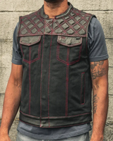 Hunt Club Motorcycle Leather Canvas Vest Black/Red - First Manufacturing Company - Flyclothing LLC