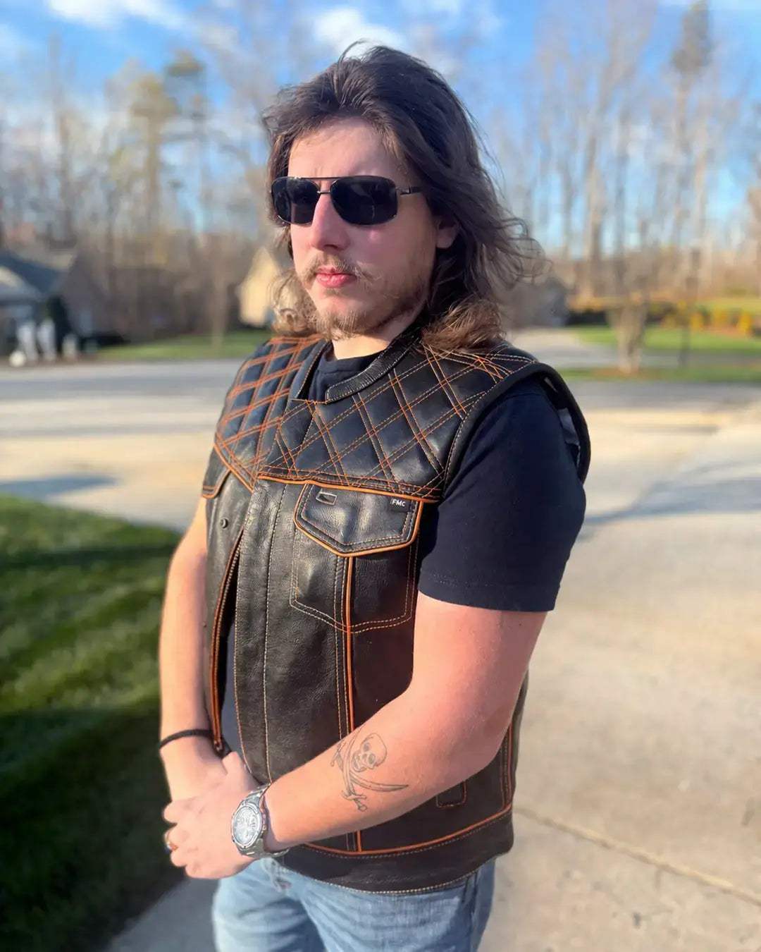 Finish Line - Orange Checker - Men's Motorcycle Leather Vest - First Manufacturing Company - Flyclothing LLC