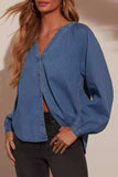 Plunge Button Up Long Sleeve Denim Top - Trendsi - Flyclothing LLC