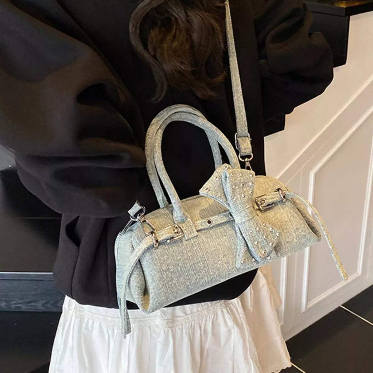 Denim Bow Accent Crossbody Bag - Trendsi - Flyclothing LLC