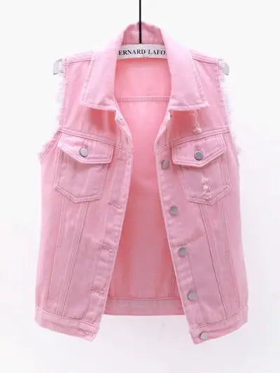 Full Size Button Down Raw Hem Sleeveless Denim Jacket Plus Size - Trendsi - Flyclothing LLC