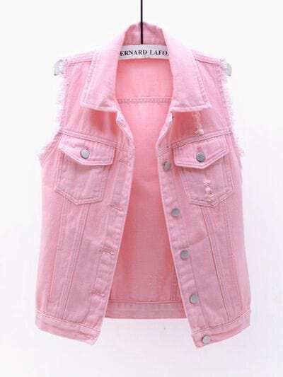 Full Size Button Down Raw Hem Sleeveless Denim Jacket Plus Size - Trendsi - Flyclothing LLC