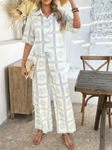 Devine Printed Collared Neck Half Sleeve Top and Pants Set - Trendsi - Flyclothing LLC