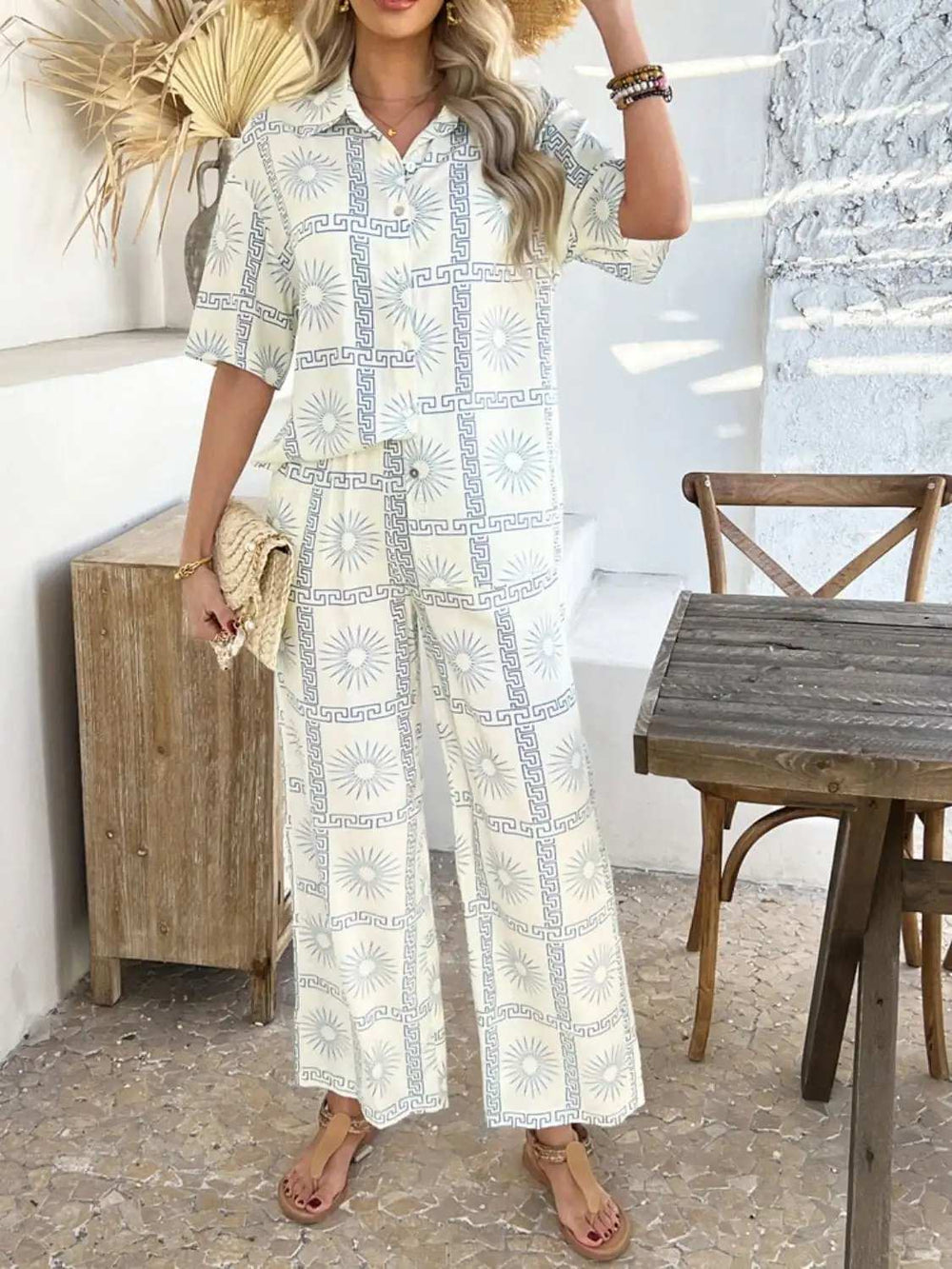 Devine Printed Collared Neck Half Sleeve Top and Pants Set - Trendsi - Flyclothing LLC