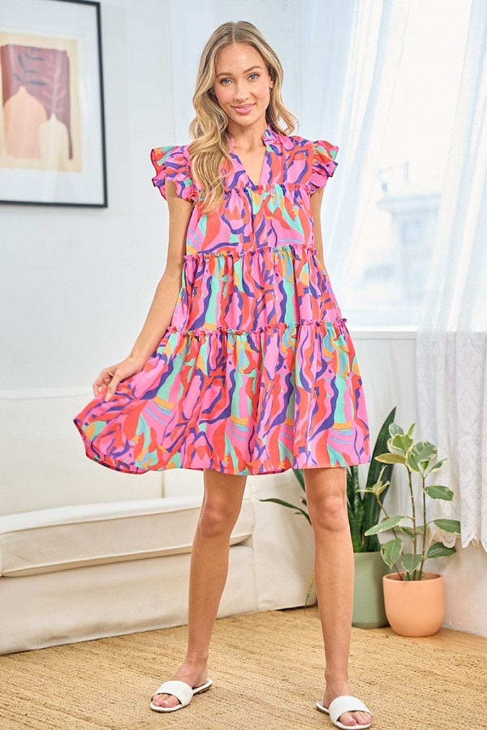First Love Full Size Printed Ruffle Cap Sleeve Tiered Dress - Trendsi - Flyclothing LLC