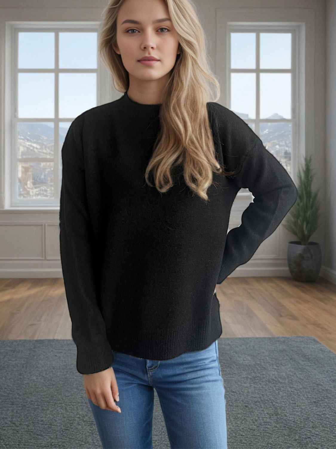 Round Neck Drop Shoulder Long Sleeve Sweater - Trendsi