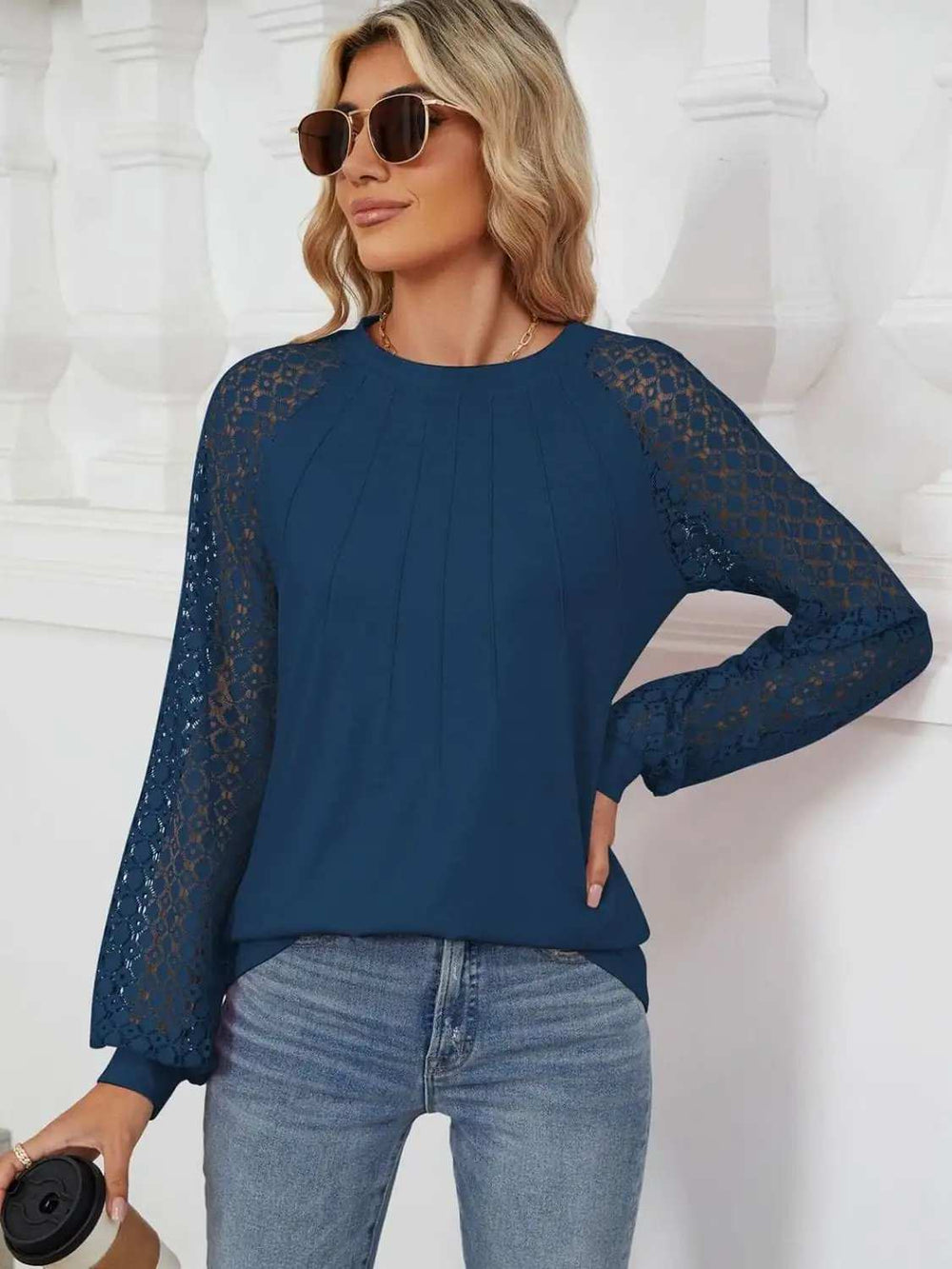 Round Neck Lace Long Sleeve Top - Trendsi - Flyclothing LLC