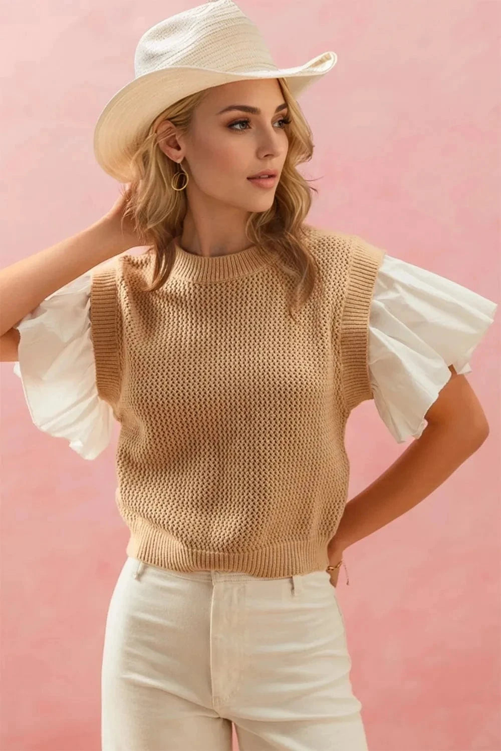 Oh Full Size Ruffled Round Neck Short Sleeve Sweater - Trendsi