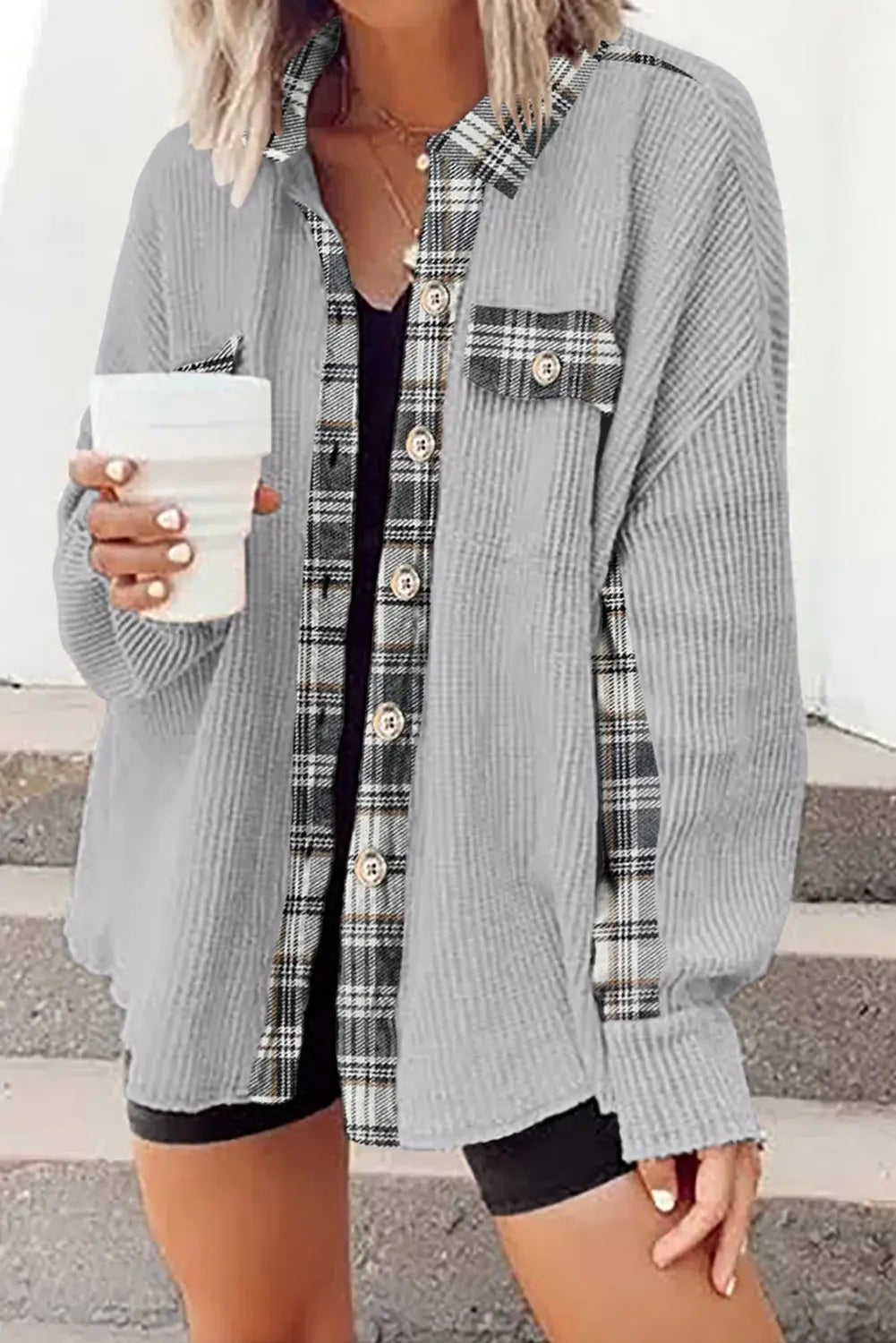 Plaid Button Down Collared Jacket - Trendsi - Flyclothing LLC