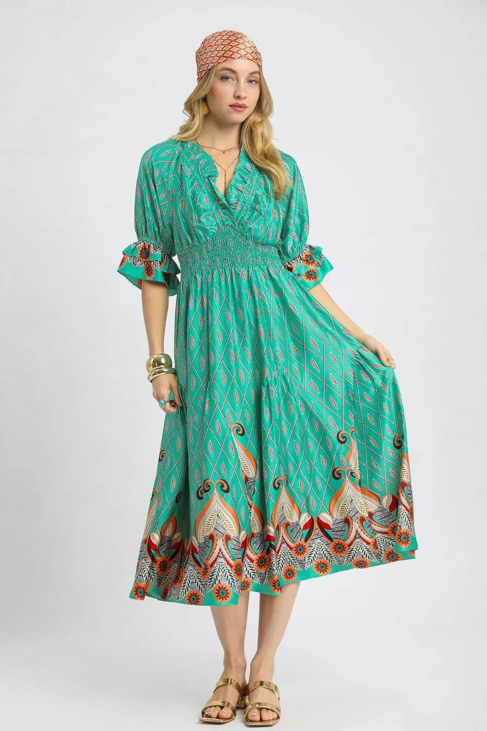Umgee Printed Smocked Waist Flounce Sleeve Midi Dress - Trendsi