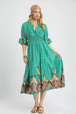 Umgee Printed Smocked Waist Flounce Sleeve Midi Dress - Trendsi