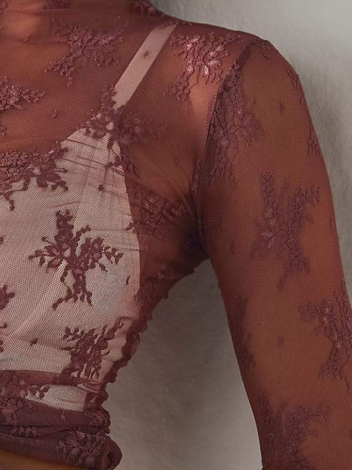 Lace Mock Neck Long Sleeve Blouse - Trendsi - Flyclothing LLC
