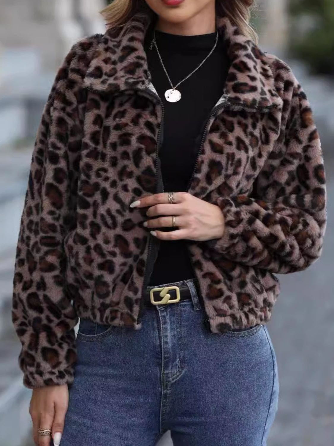 Leopard Collared Neck Zip Up Jacket - Trendsi