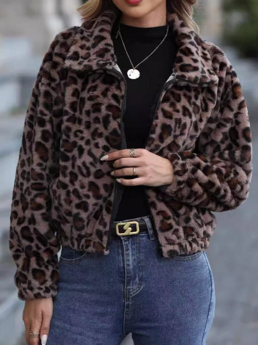 Leopard Collared Neck Zip Up Jacket - Trendsi