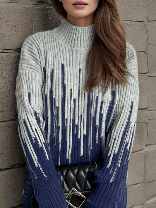 Contrast Mock Neck Long Sleeve Sweater - Trendsi