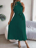 Grecian Neck Tie Waist Pleated Dress - Trendsi - Flyclothing LLC