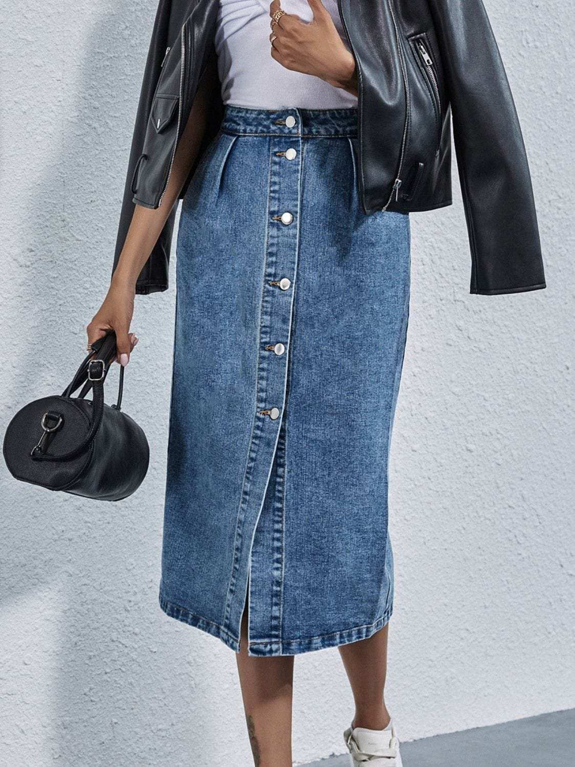 Buttoned Denim Skirt with Pockets - Trendsi - Flyclothing LLC