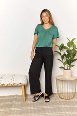 Double Take Ruched V-Neck Short Sleeve T-Shirt - Trendsi - Flyclothing LLC