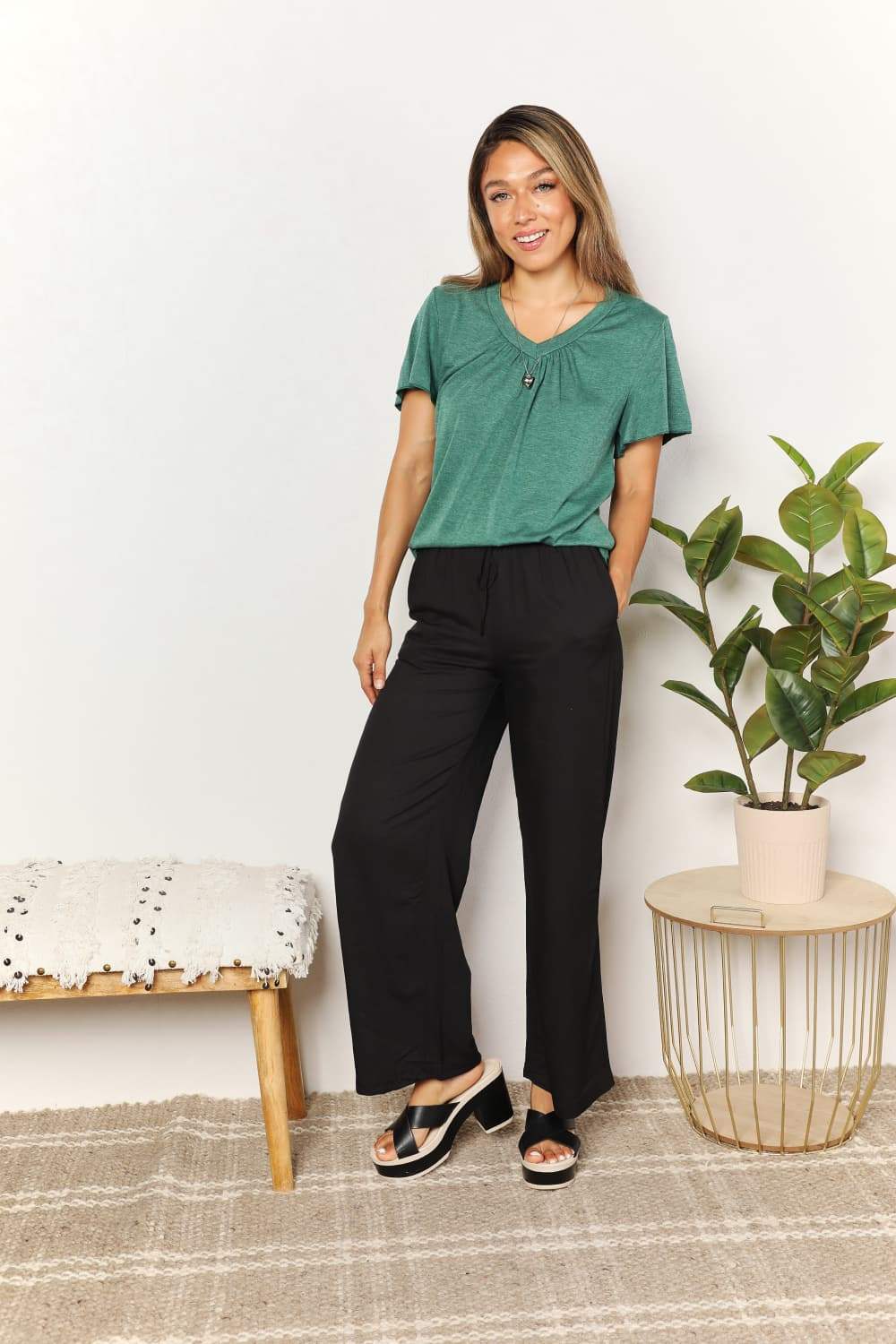 Double Take Ruched V-Neck Short Sleeve T-Shirt - Trendsi - Flyclothing LLC