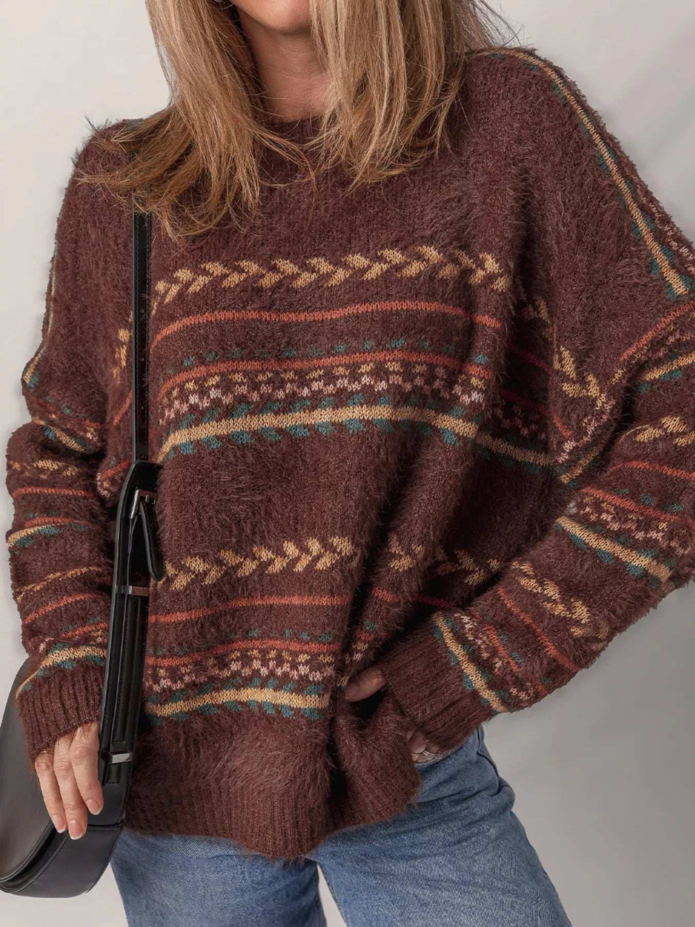 Ethnic Pattern Mohair Knitted Drop Shoulder Sweater - Trendsi - Flyclothing LLC