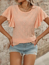 Eyelet Round Neck Flutter Sleeve Top - Trendsi - Flyclothing LLC