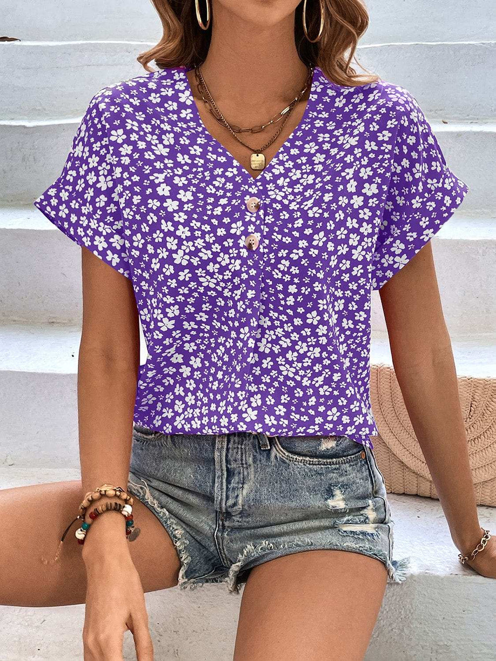 Printed V-Neck Short Sleeve Blouse - Trendsi - Flyclothing LLC