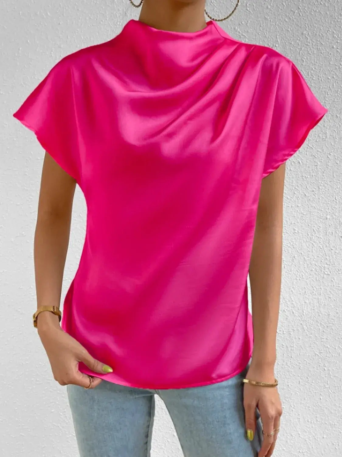 Mock Neck Short Sleeve Blouse - Trendsi - Flyclothing LLC