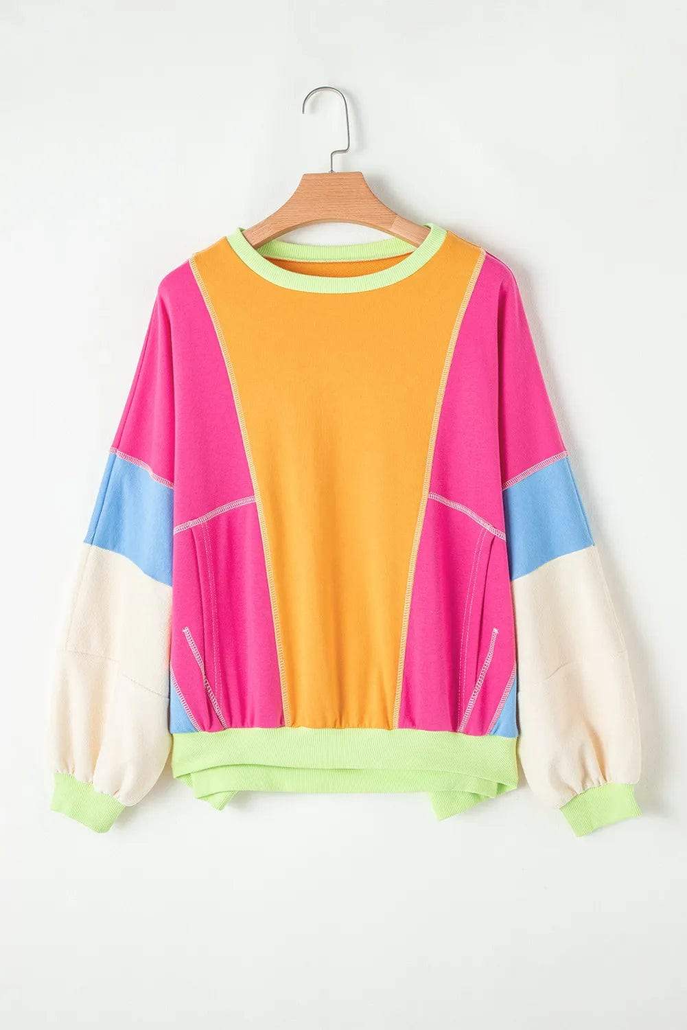 Color Block Round Neck Long Sleeve Top - Trendsi - Flyclothing LLC