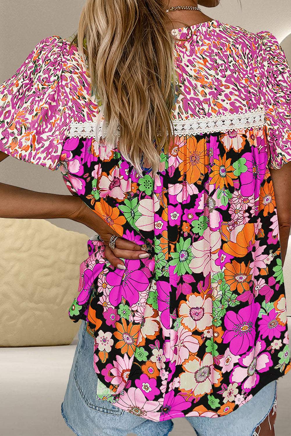 Printed Round Neck Puff Sleeve Blouse - Trendsi - Flyclothing LLC
