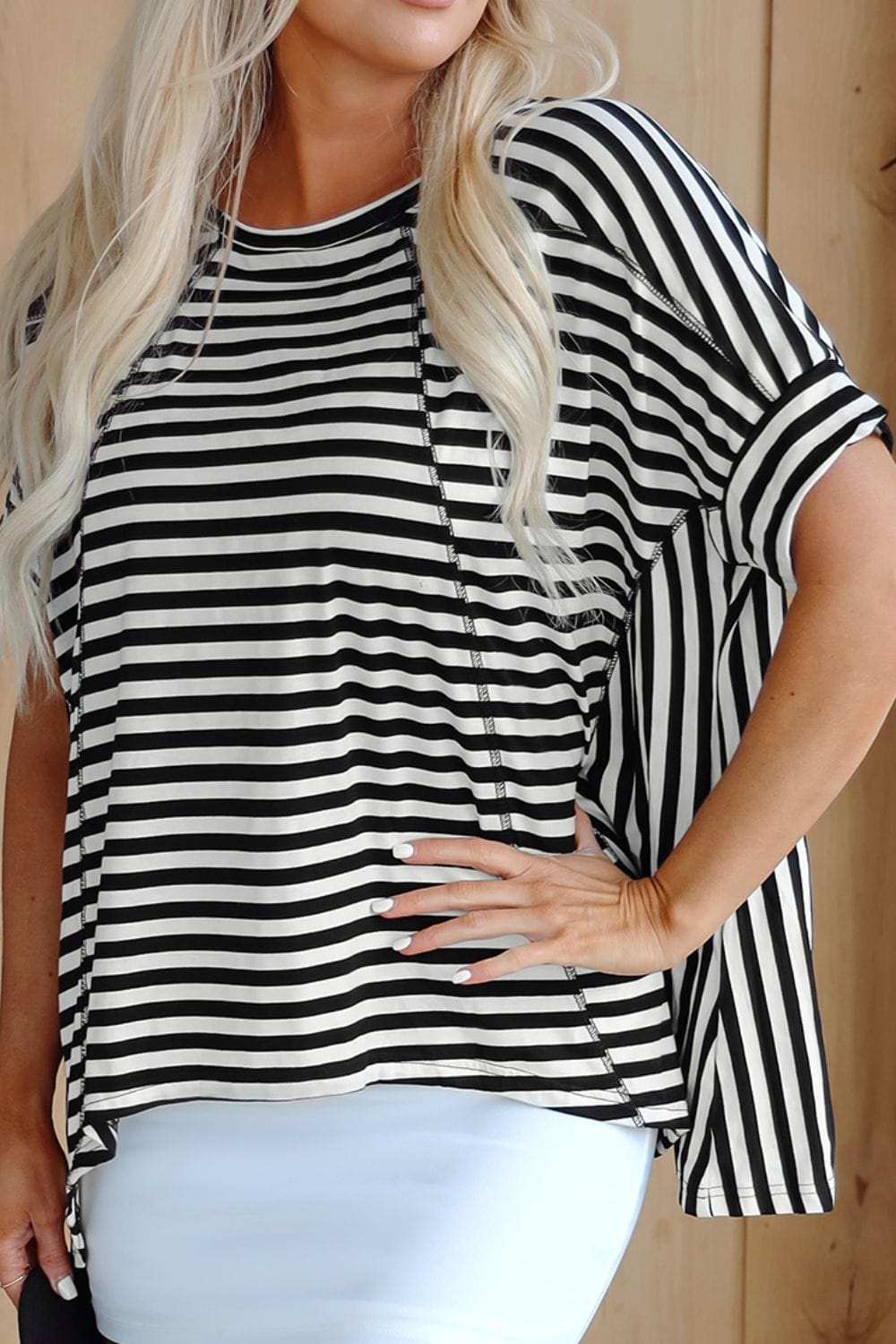 Stripe Batwing Sleeve Round Neck Oversized Top - Trendsi - Flyclothing LLC