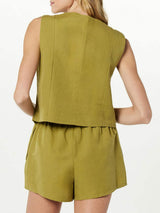 Button Up V-Neck Top and Pocketed Shorts Set - Trendsi - Flyclothing LLC
