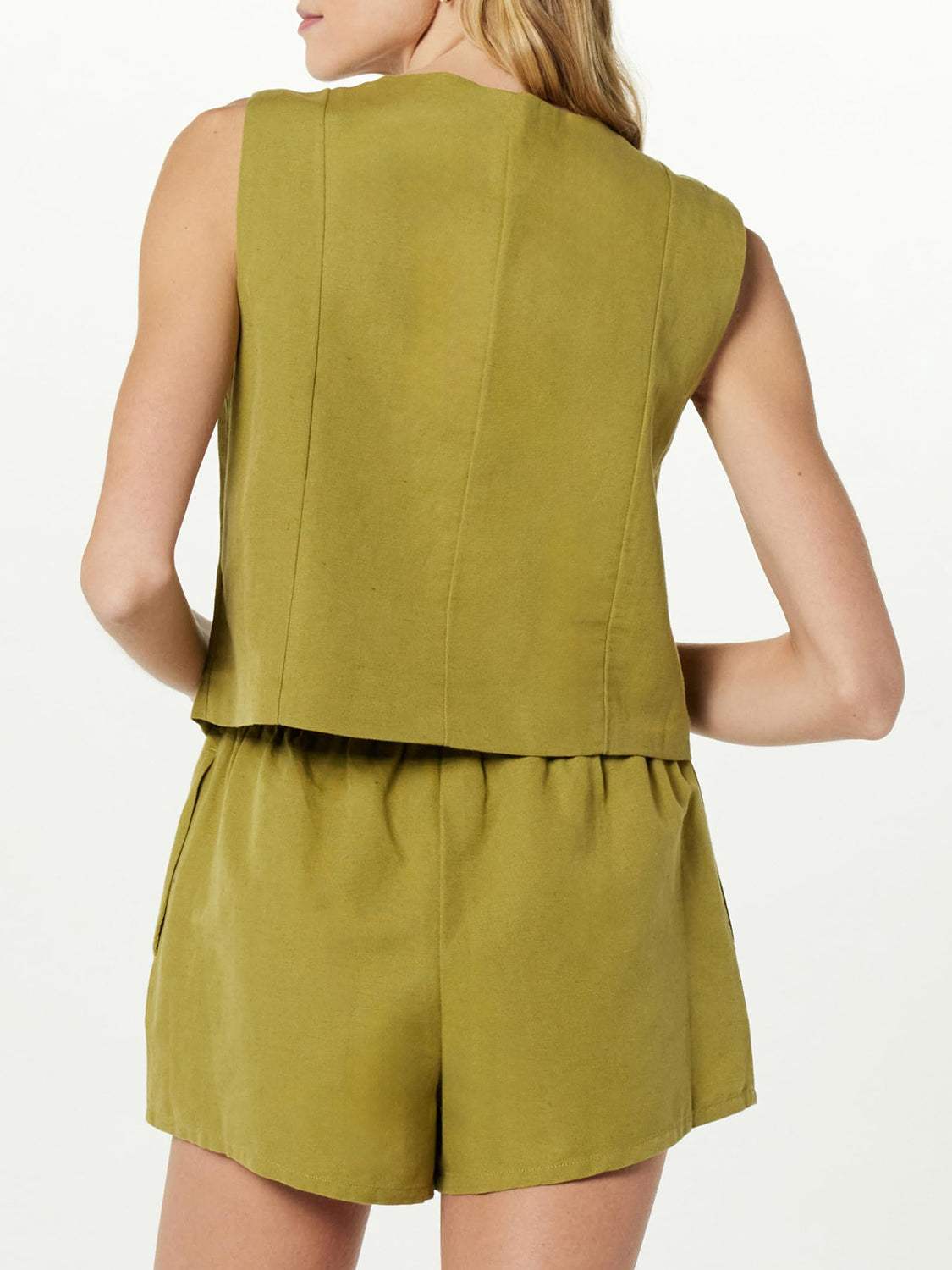 Button Up V-Neck Top and Pocketed Shorts Set - Trendsi - Flyclothing LLC