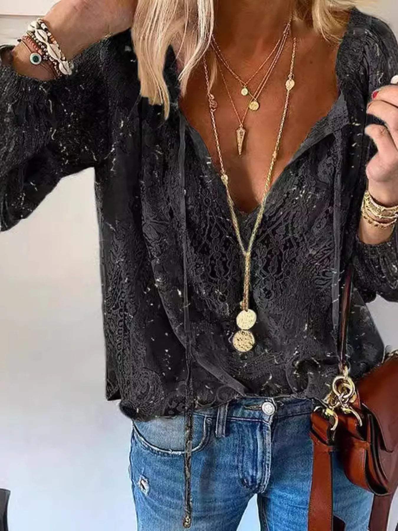 Lace Tie-Neck Blouse - Trendsi - Flyclothing LLC