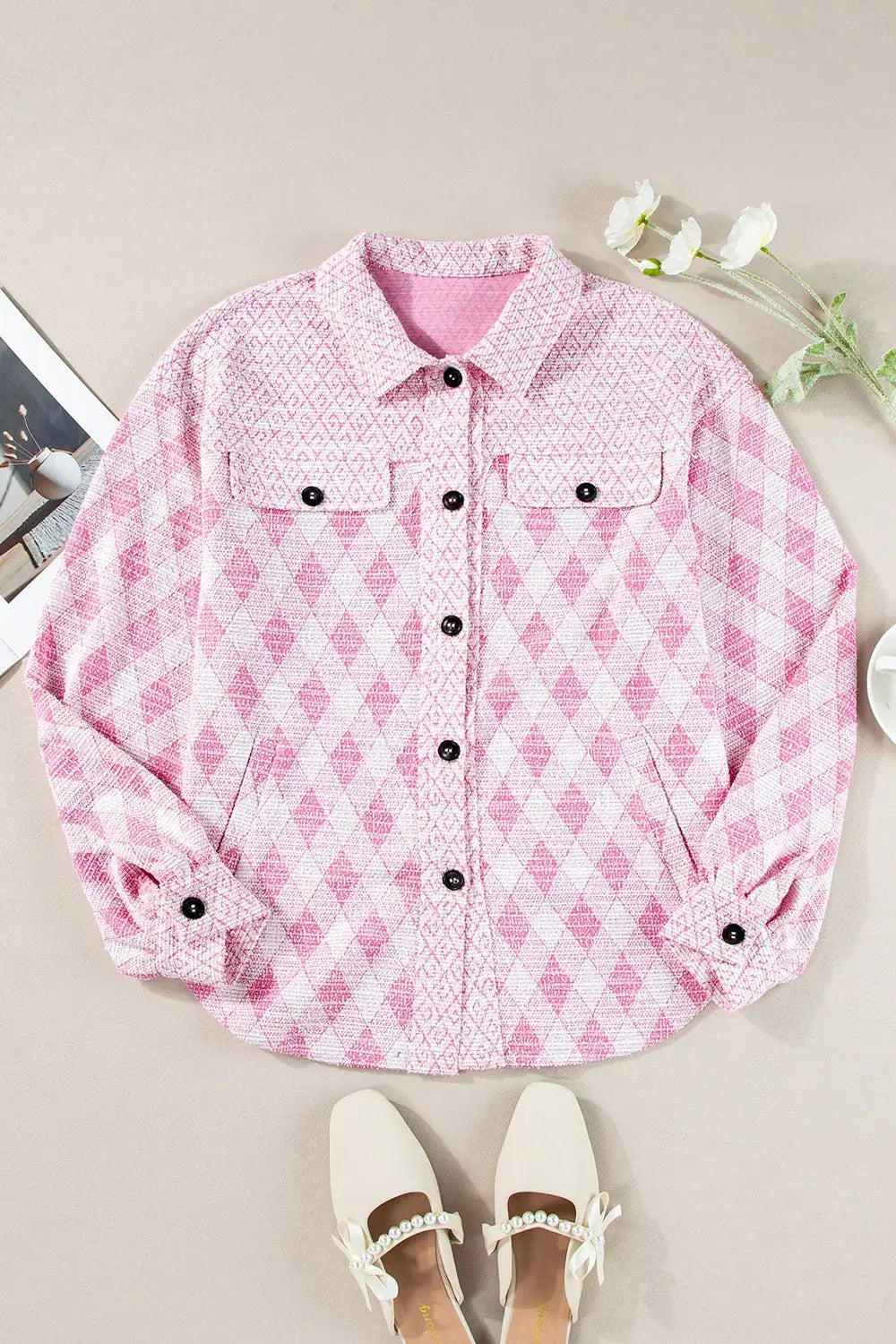 Geometric Print Textured Flap Pocket Shacket - Trendsi - Flyclothing LLC