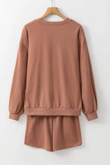 COFFEE Sequin Round Neck Long Sleeve Top and Shorts Set - Trendsi - Flyclothing LLC