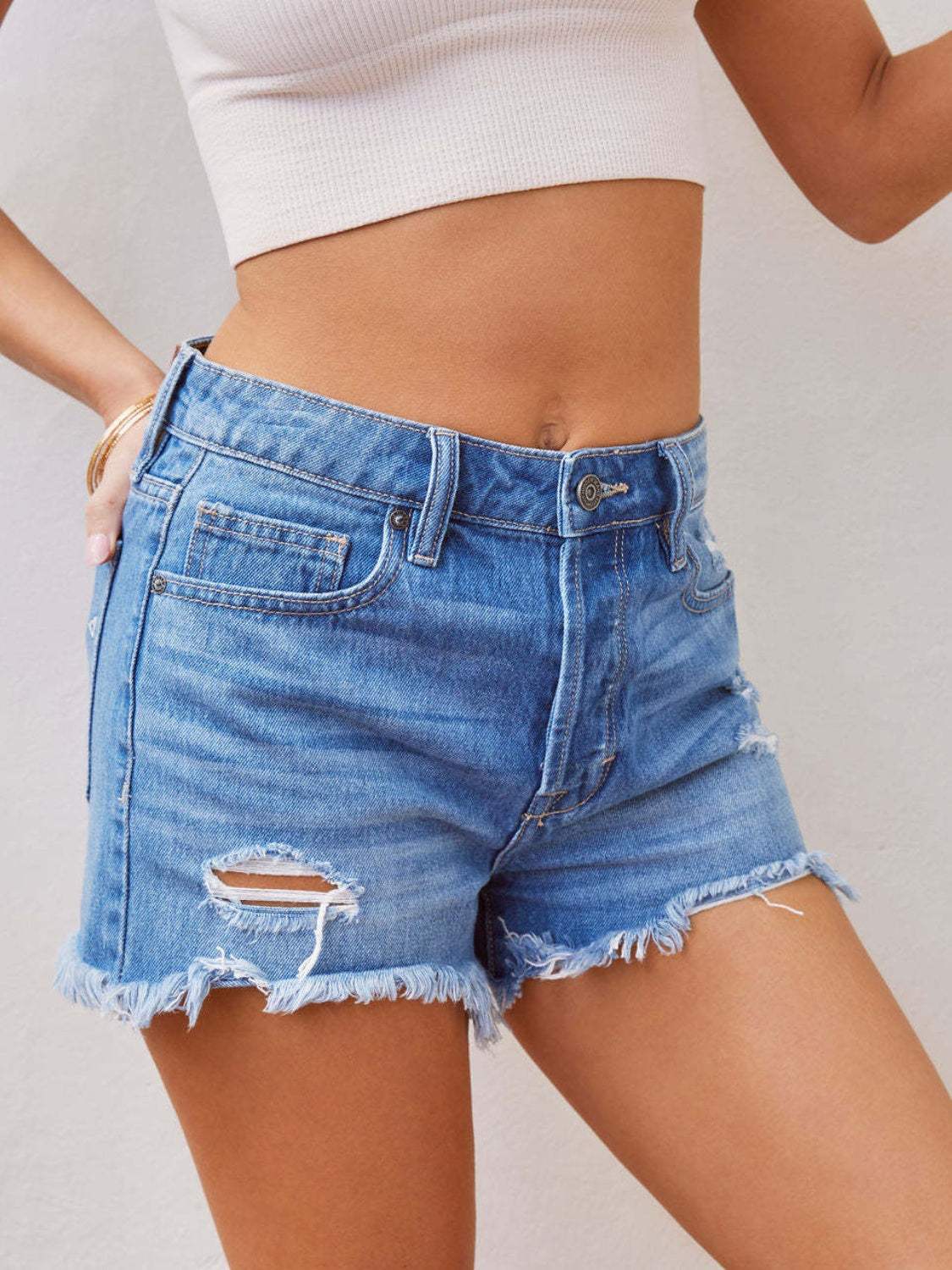 Distressed Raw Hem Denim Shorts - Trendsi - Flyclothing LLC